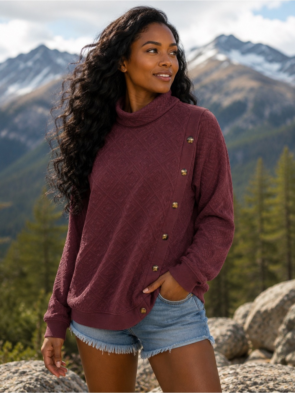 Women's Quilted Mock Neck Sweater - Plum